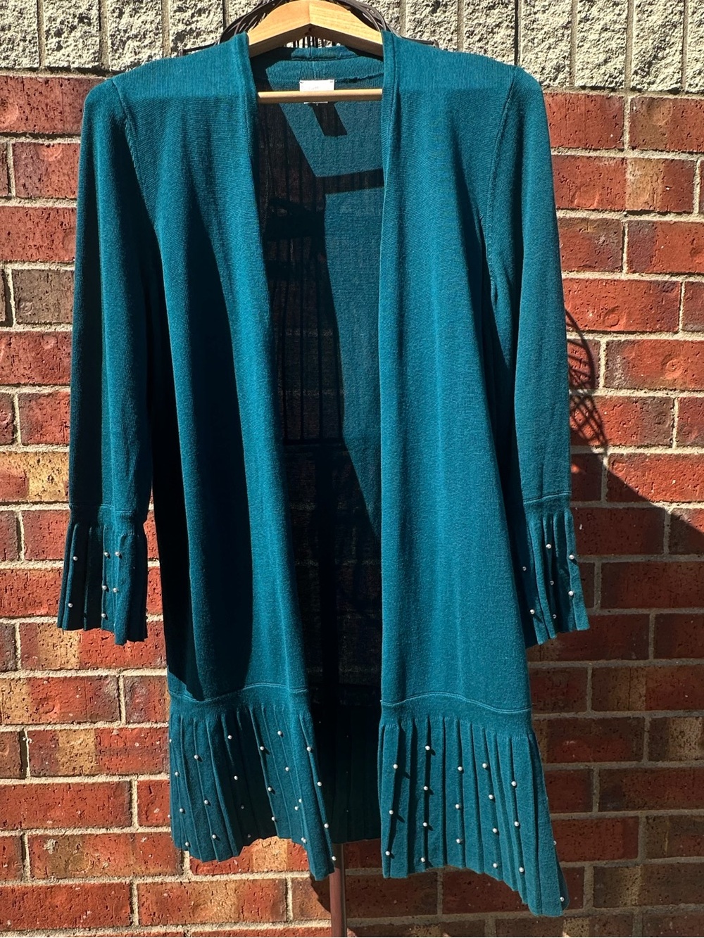 Chico's Teal Beaded Open-Front Cardigan Pleated Hem Pearl Trim Knit Sweater